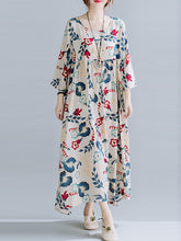 Casual Floral Printed Split-Joint Round-Neck Flared Batwing Sleeves Loose Maxi Dress